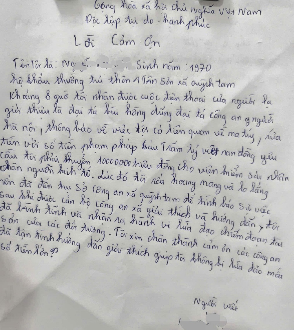 Hiểu ra được bản chất sự việc và giữ được tài sản, Chị Y rất cảm kích và viết thư cảm ơn lực lượng Công an.