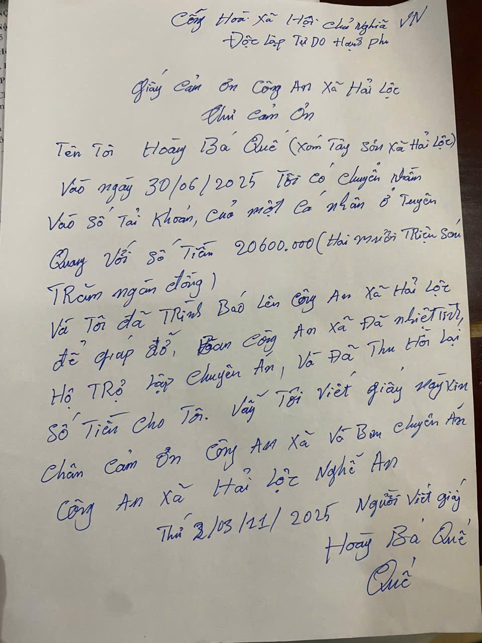 Thư cảm ơn anh Quế gửi tới Công an xã Hải Lộc