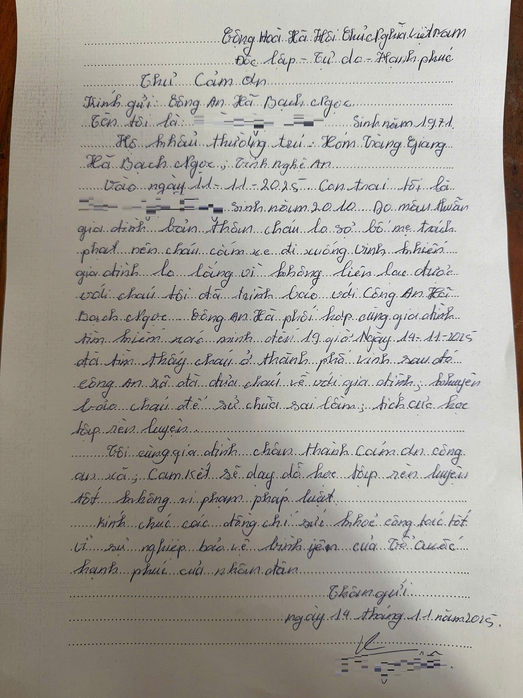 Gia đình cháu D. viết thư cảm ơn Công an xã Bạch Ngọc