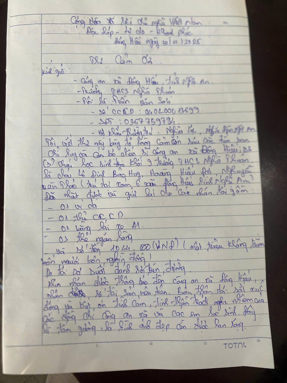 Anh Sơn viết thư cảm ơn Công an xã và 03 em học sinh