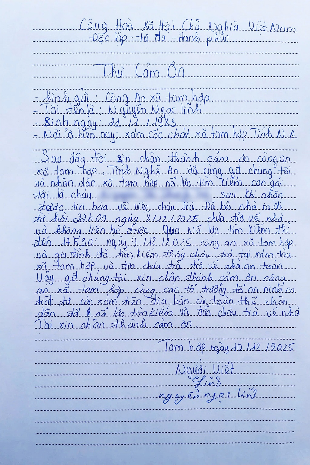 Người dân viết thư cảm ơn lực lượng Công an