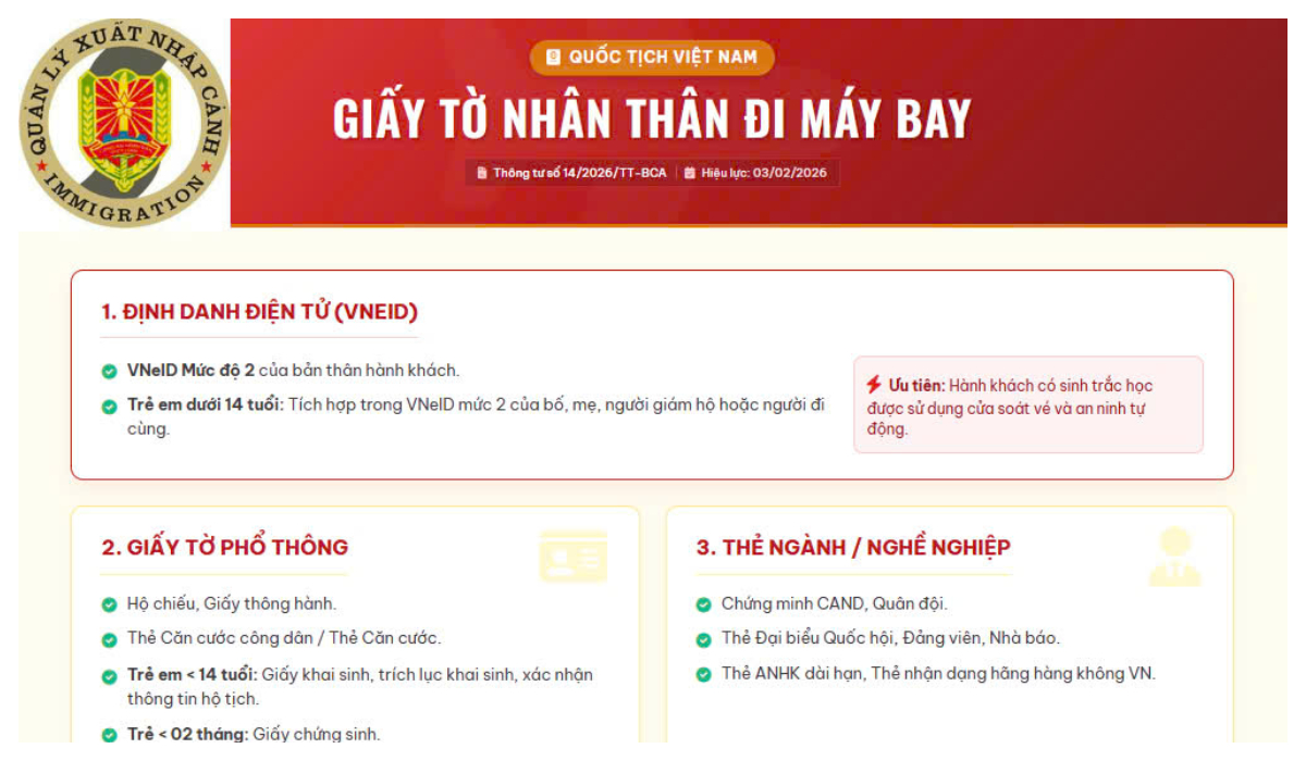 Quy định mới về giấy tờ nhân thân khi làm thủ tục hàng không kể từ ngày 03/02/2026