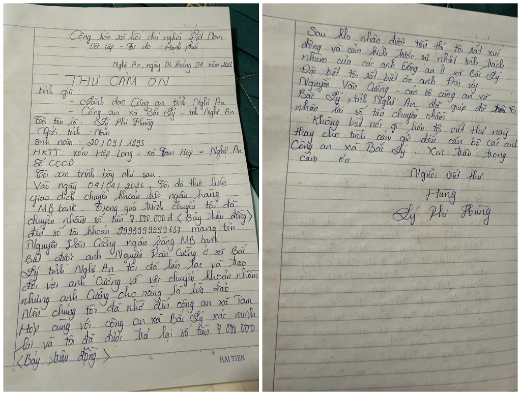 Nhận được số tiền, anh Lý Phi Hùng viết thư cảm ơn Đại úy Nguyễn Văn Cường và Công an xã Bắc Lý