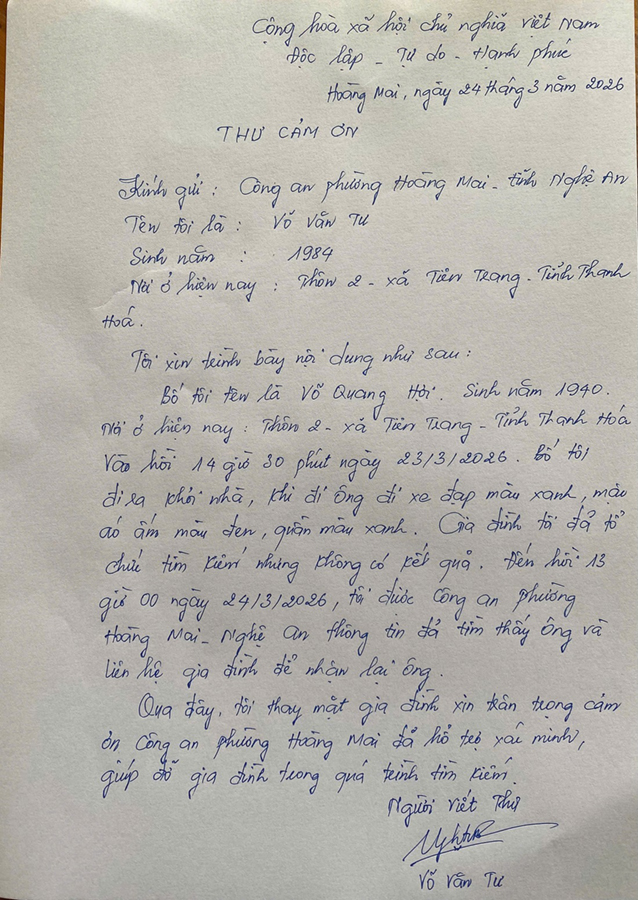 Gia đình ông Võ Quang Hợi viết thư cảm ơn Công an phường Hoàng Mai