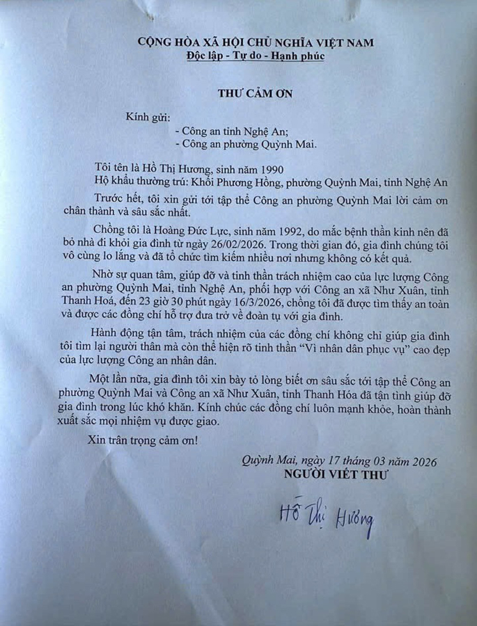 Gia đình anh H.Đ.L gửi thư cảm ơn lực lượng Công an xã