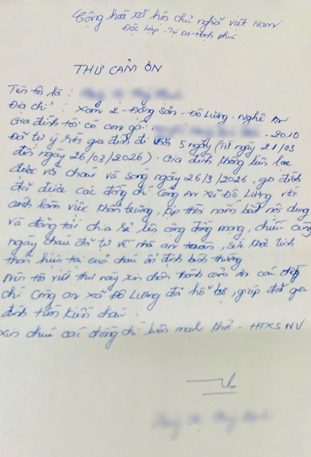 Gia đình em N.H.B.T viết thư cảm ơn Công an xã Đô Lương