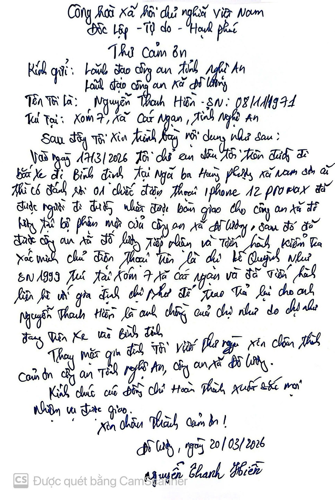 Anh Nguyễn Thanh Hiền viết thư cảm ơn Công an xã và chị Lê Quỳnh Như