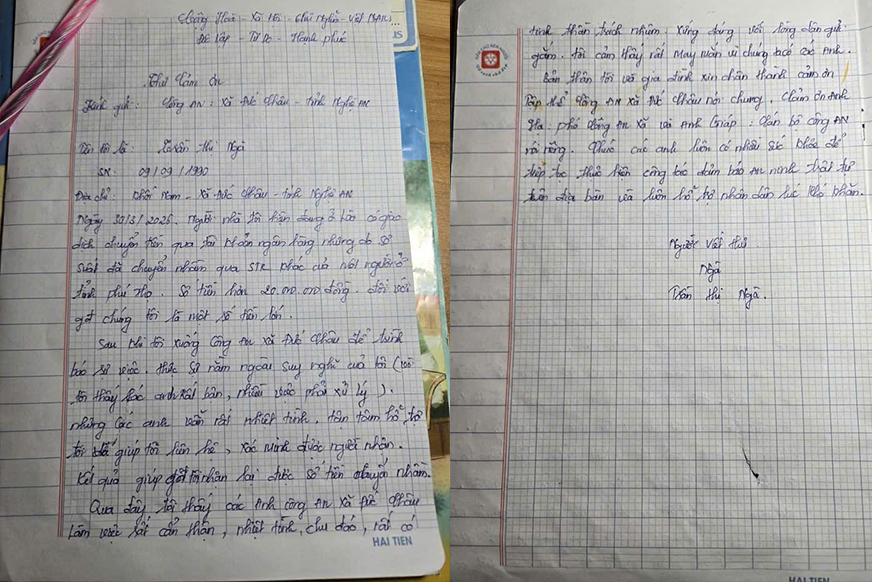 Chị Trần Thị Ngà viết thư cảm ơn Công an xã Đức Châu