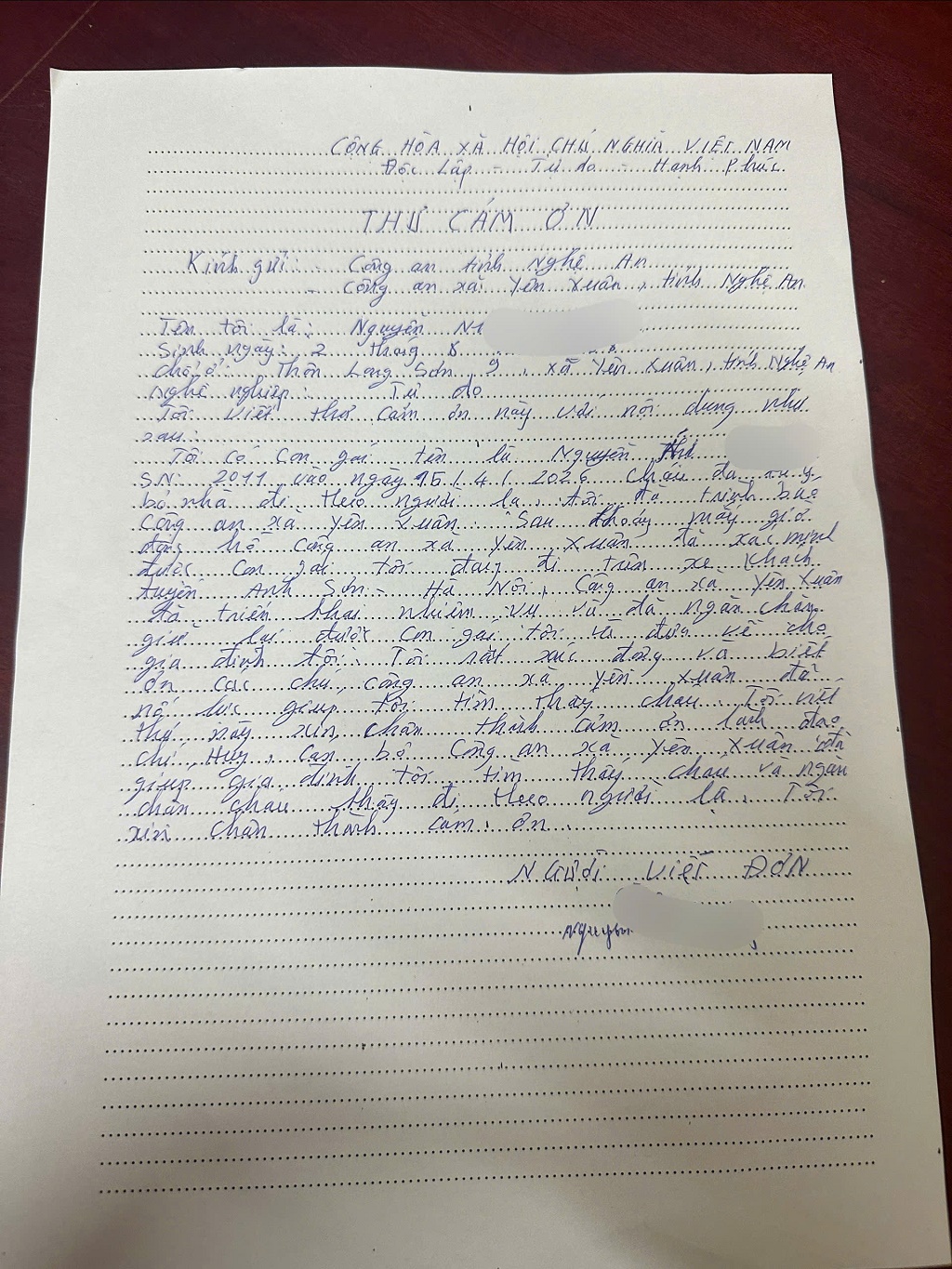 Thư cảm ơn gửi Công an xã Yên Xuân