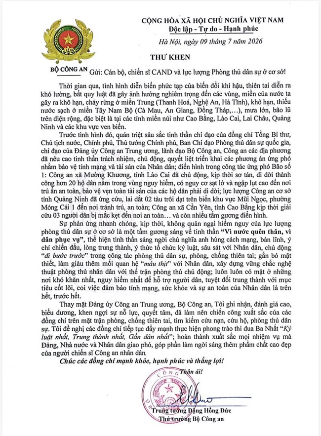 Lãnh đạo Bộ Công an gửi Thư khen cán bộ, chiến sĩ Công an nhân dân và lực lượng Phòng thủ dân sự cơ sở