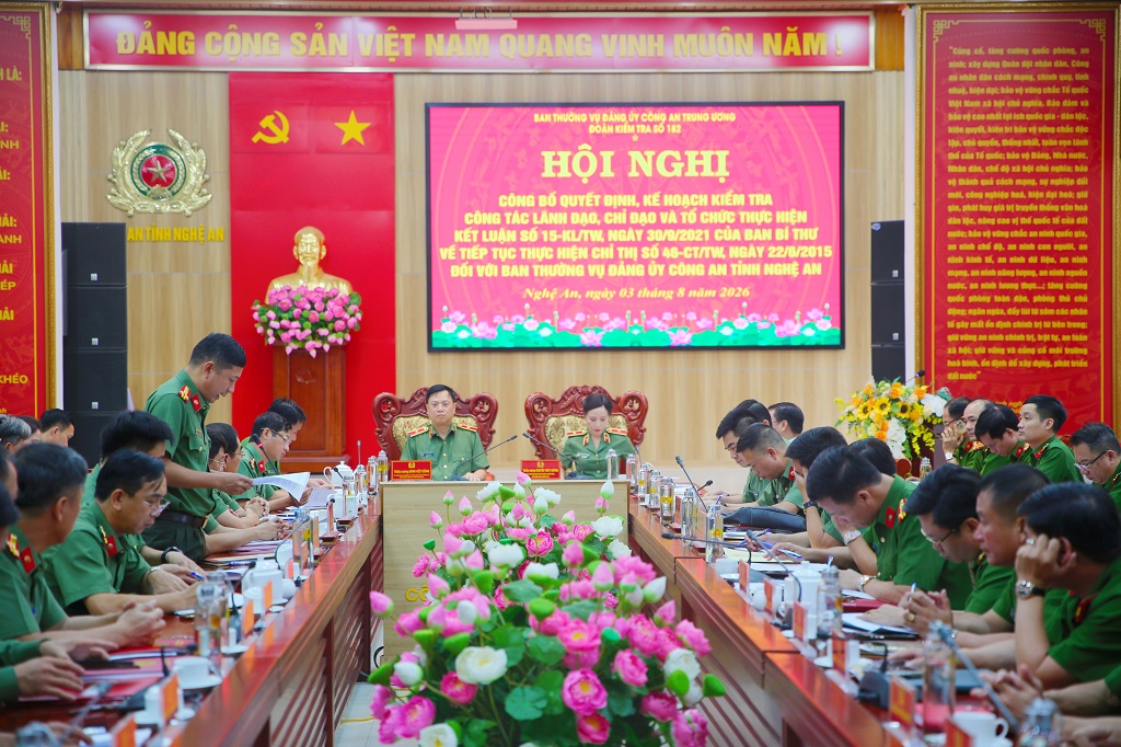 Hội nghị công bố Quyết định, Kế hoạch kiểm tra đối với Ban thường vụ Đảng ủy Công an tỉnh Nghệ An