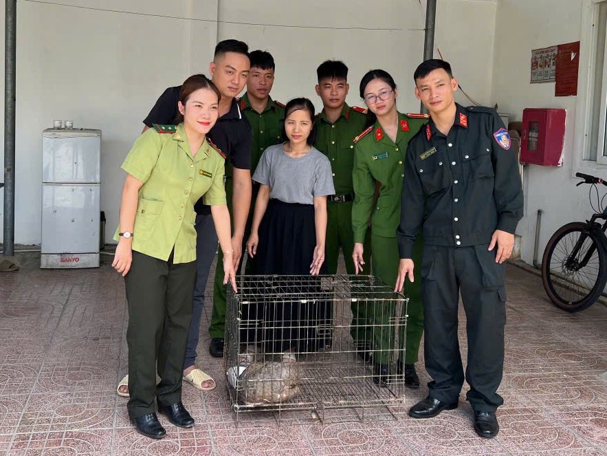 Đội Cảnh sát bảo vệ mục tiêu thuộc Phòng Cảnh sát Cơ động, Công an tỉnh Nghệ An bàn giao cá thể tê tê cho UBND phường Vinh Lộc