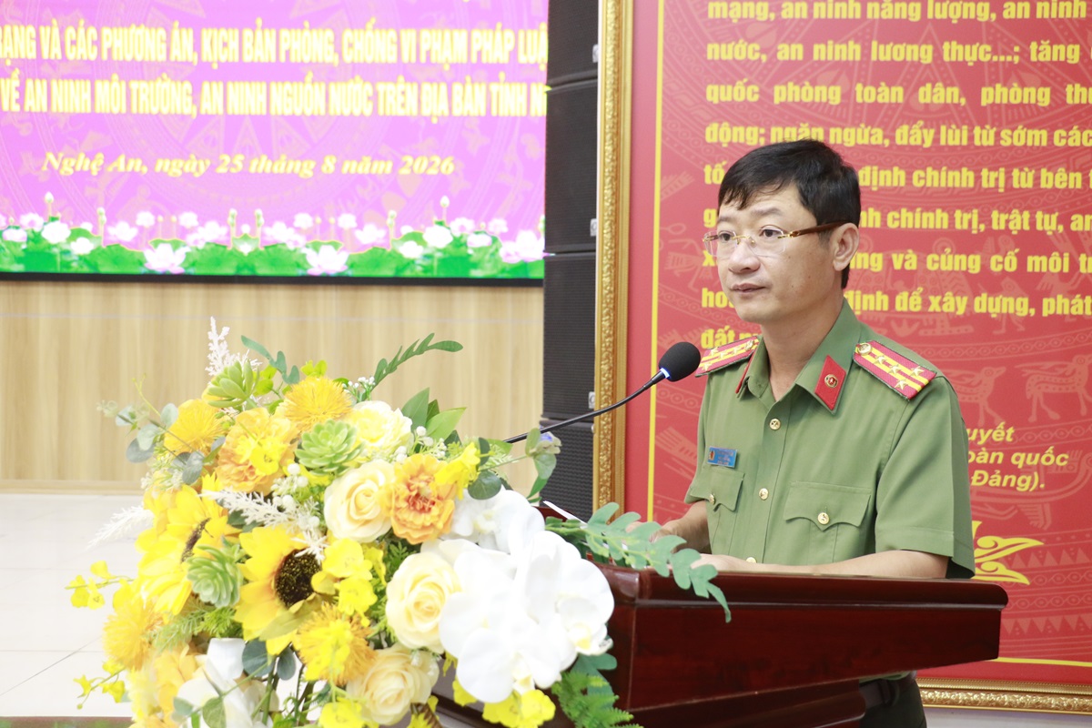 Đồng chí Đại tá Trần Ngọc Tuấn, Phó Giám đốc Công an tỉnh phát biểu khai mạc hội thảo