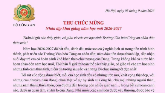 Thư chúc mừng nhân dịp khai giảng năm học mới 2026 - 2027