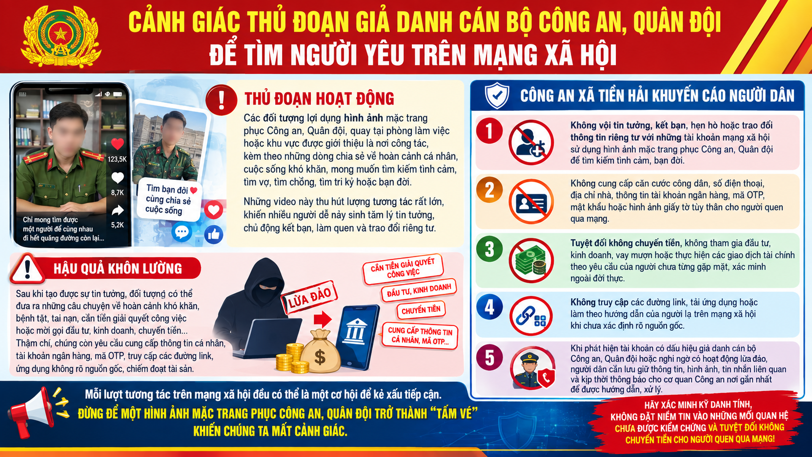 Cảnh giác thủ đoạn giả danh cán bộ công an, quân đội để tìm người yêu trên mạng xã hội