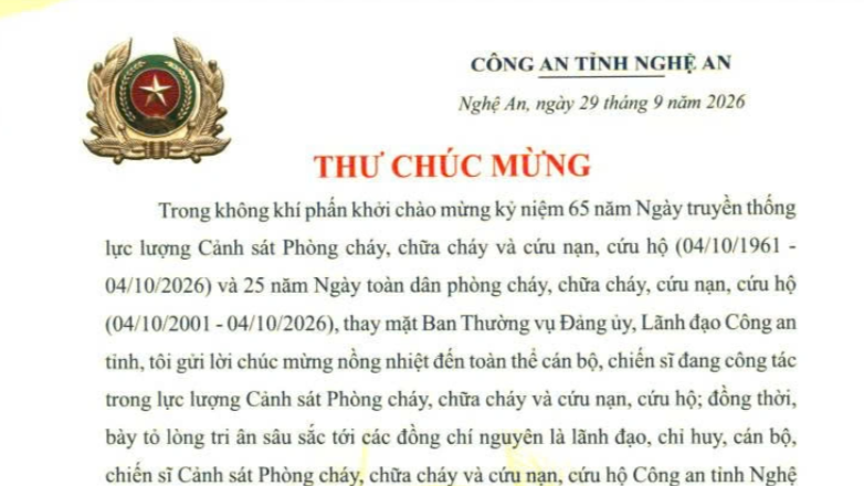 Thư chúc mừng của Giám đốc Công an tỉnh Nhân dịp kỷ niệm 65 năm Ngày truyền thống lực lượng Cảnh sát Phòng cháy, chữa cháy và cứu nạn, cứu hộ