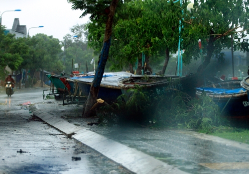 Tàu thuyền nhỏ được đưa lên bờ, tuy nhiên gió cũng đã là gãy nhiều cành cây, biển quảng cáo