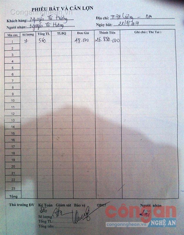Phiếu bắt và cân lợn do ông Lài cung cấp