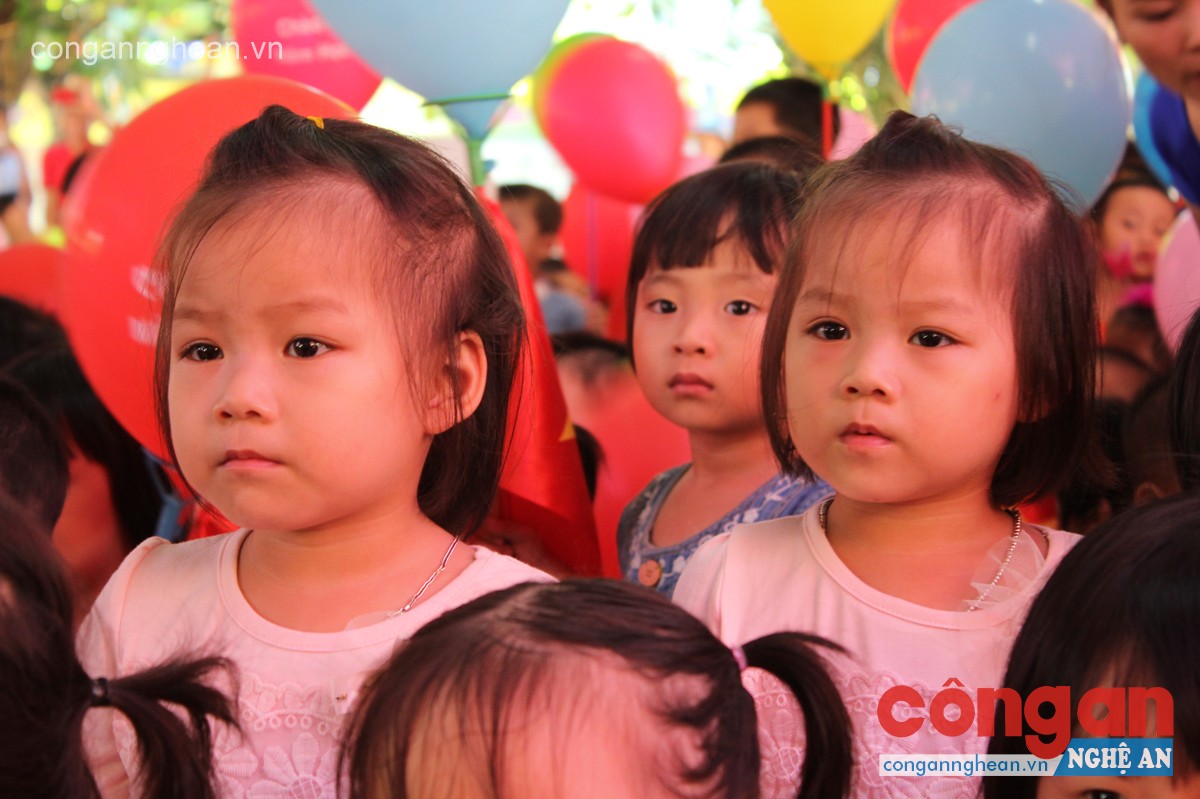 Ánh mắt chăm chú của cặp bé gái song sinh