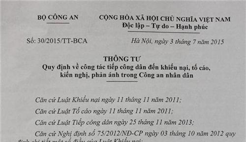 Triển khai thực hiện Thông tư 30/2015/TT-BCA