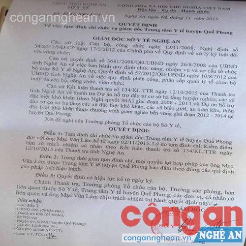 Đình chỉ công tác GĐ Trung tâm Y tế dự phòng huyện Quế Phong