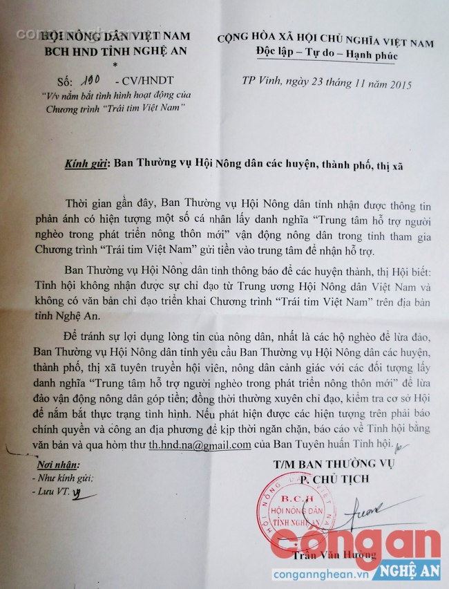 Công văn của Hội Nông dân tỉnh Nghệ An khuyến cáo các cấp hội và hội viên, nông dân cảnh giác với các đối tượng lấy danh nghĩa Trung tâm hỗ trợ người nghèo trong phát triển nông thôn mới để lừa đảo nông dân