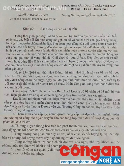 Công văn cảnh báo của Công an huyện Tương Dương
