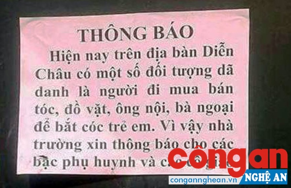 Cảnh báo về việc bắt cóc trẻ em tại Trường Mầm non Diễn Thọ