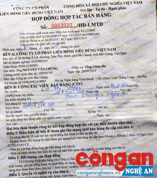 Hợp đồng hợp tác bán hàng đa cấp của Công ty VietNet với người dân