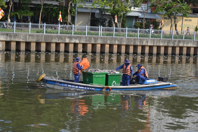 Phía dưới kênh, công nhân vệ sinh tiến hành vớt cá