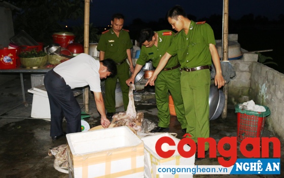 Lực lượng chức năng kiểm tra số thực phẩm đang bốc mùi hôi thối.
