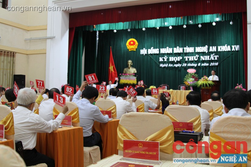 Đại biểu biểu quyết Tờ trình giới thiệu nhân sự bầu các chức danh Chủ tịch, các Phó Chủ tịch HĐND tỉnh khóa XVII