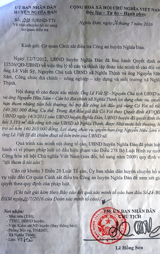 Văn bản do UBND huyện Nghĩa Đàn gửi cơ quan CSĐT Công an huyện đề nghị làm rõ vụ việc liên quan đến tham ô tài sản