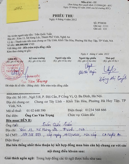 Hóa đơn người dân nộp tiền để mua chung cư Tây Lĩnh vào năm 2012