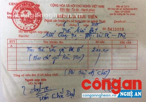 Phiếu thu tiền “tự nguyện” của UBND phường Vinh Tân