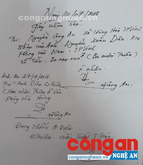 Giấy nhận tiền cọc “chạy việc” ông Nguyễn Công An nhận của bị hại