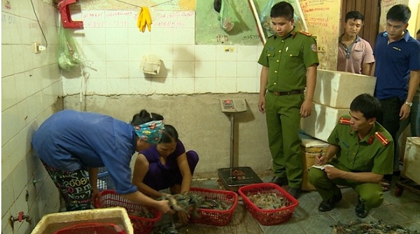 Chủ cơ sở hải sản chỉ đạo nhân viên bơm tạp chất vào tôm
