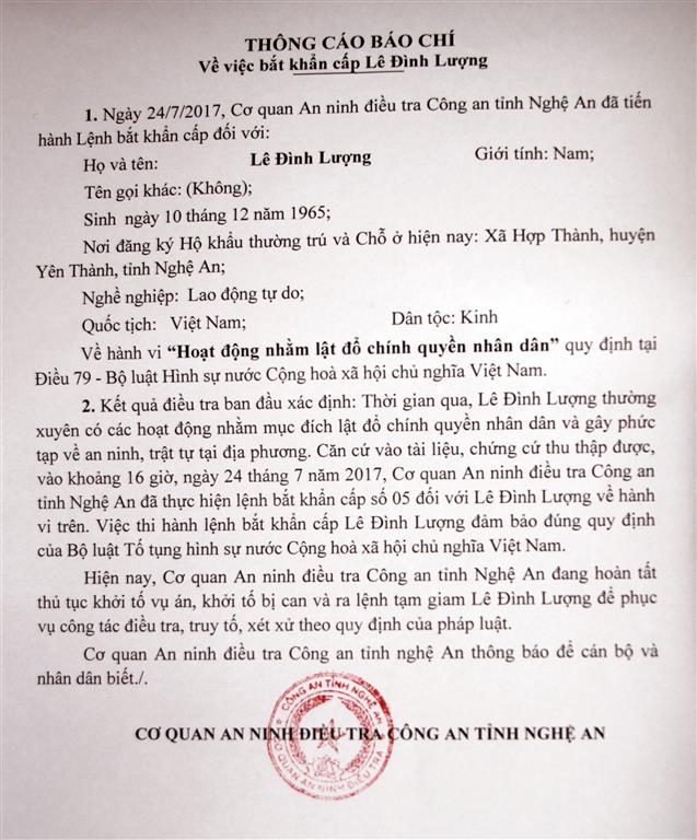 Thông cáo báo chí về việc bắt Lê Đình Lượng