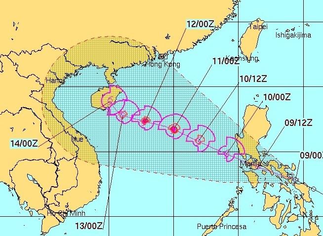 Dự báo của Hải quân Mỹ về vị trí và đường đi của bão.