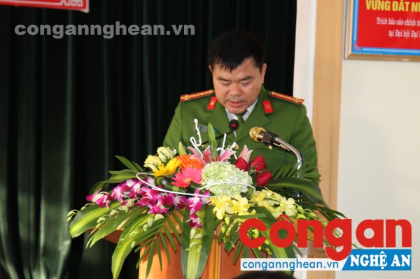 Đại tá Lương Thế Lộc, Trưởng Công an huyện phát biểu tại Hội nghị
