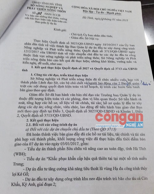 Văn bản Sở NN&PTNT Hà Tĩnh “cầu cứu” UBND tỉnh để giúp tháo gỡ khó khăn cho các ban quản lý dự án cũ