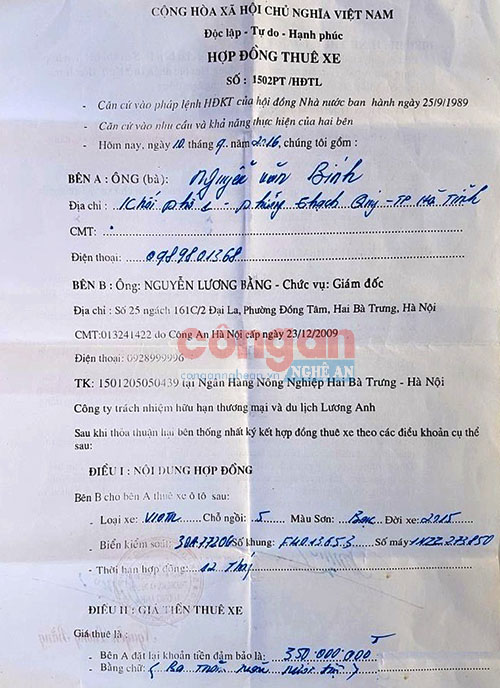 Một trong những hợp đồngcho thuê xe của Nguyễn Lương Bằng