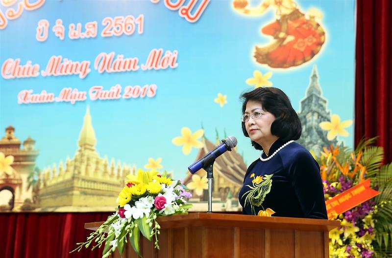 Thay mặt Lãnh đạo Đảng, Nhà nước và nhân dân Việt Nam, Phó Chủ tịch nước Đặng Thị Ngọc Thịnh gửi tới Lãnh đạo Đảng, Nhà nước và nhân dân Lào anh em lời chúc năm mới dồi dào sức khỏe, hạnh phúc và thành công. Ảnh: VGP/Hải Minh