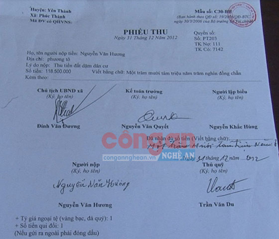 Phiếu thu do UBND xã Phúc Thành lập