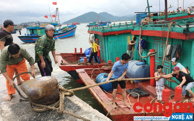 Ngư dân vùng biển Cửa Lò neo đậu, chằng buộc tàu thuyền, nhà cửa để ứng phó với bão số 10 năm 2017