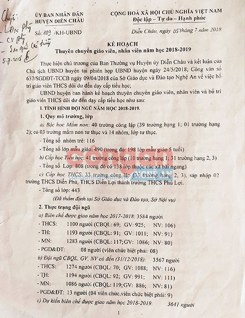 Kế hoạch luân chuyển giáo viên tại huyện Diễn Châu năm học 2018 - 2019