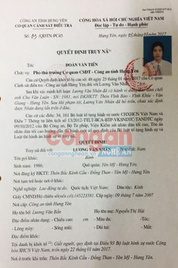 Quyết định truy nã của Công an tỉnh Hưng Yên