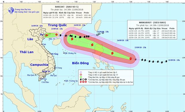 Dự báo vị trí và đường đi của Bão số 5 và Siêu bão MANGKHUT. Ảnh Nchmf.gov.vn