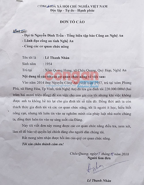 Đơn tố cáo của ông Nhàn gửi Báo Công an Nghệ An