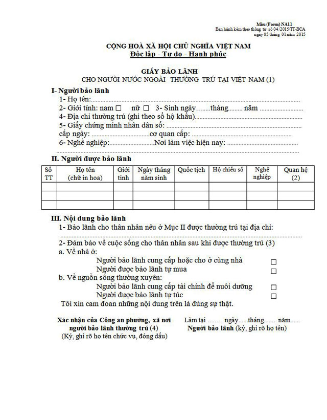 Giấy bảo lãnh cho người nước ngoài thường trú tại Việt Nam